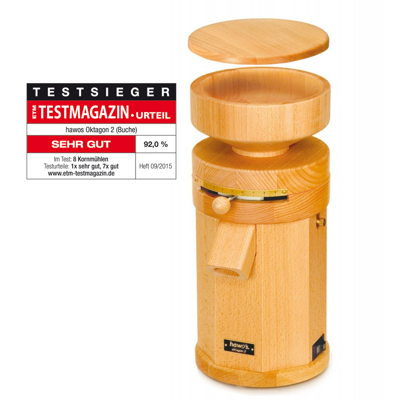hawos Oktagon 2 wurde im Getreidemühlen-Test des TESTMAGAZINs in der September-Ausgabe 2015 als Testsieger ausgezeichnet