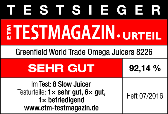 Der Omega Juicer 8226 wurde im Heft 07-2016 vom Testmagazin beim Entsafter-Saftpressen-Test als Testsieger ausgezeichnet Der Omega Juicer 8226 wurde im Heft 07-2016 vom Testmagazin beim Entsafter-Saftpressen-Test als Testsieger ausgezeichnet