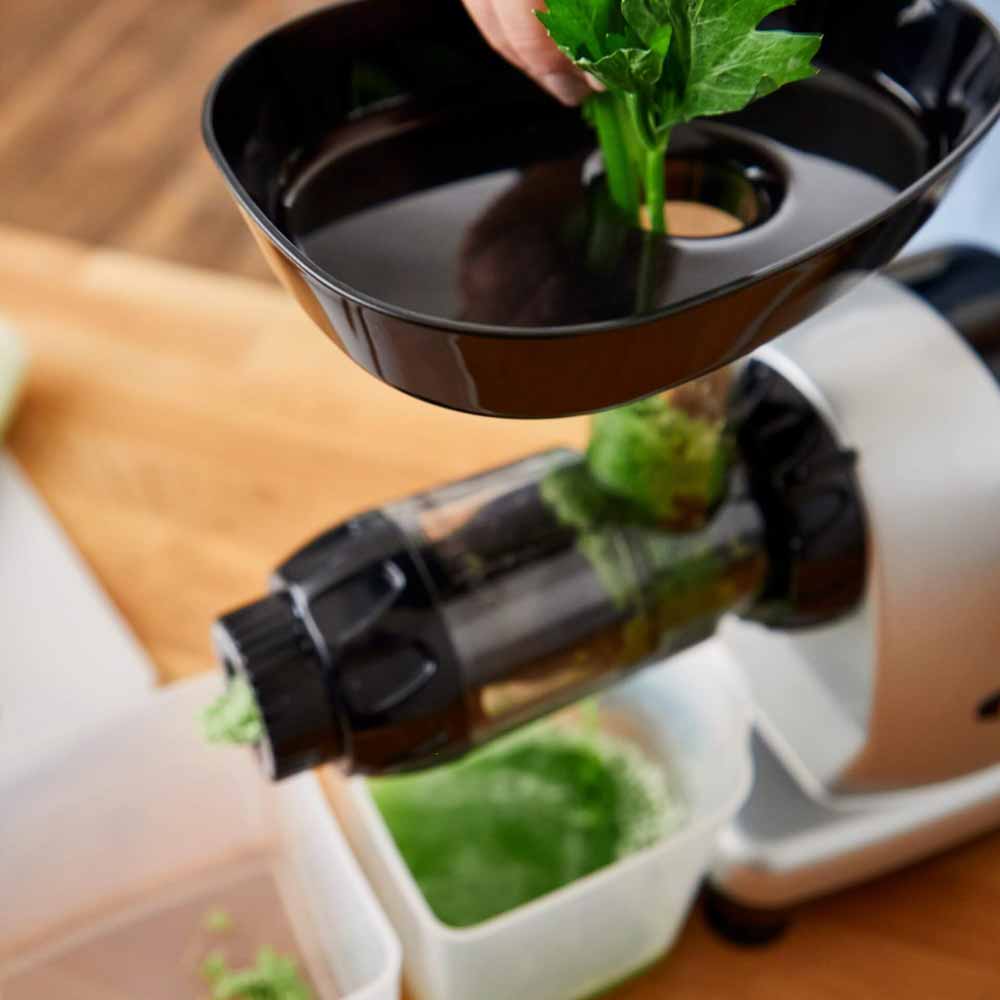 Einfüllschacht des Omega MM900 Selleriesaft-Entsafter Einfüllschacht des Omega MM900 Selleriesaft-Entsafter