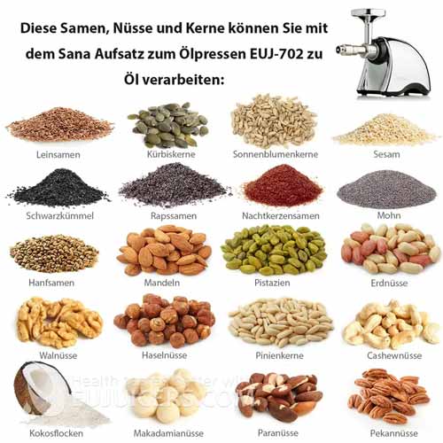 Diese Samen, Nüsse und Kerne kannst Du mit der Sana Ölpresse 702 verarbeiten Diese Samen, Nüsse und Kerne kannst Du mit der Sana Ölpresse 702 verarbeiten